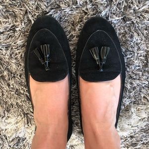 Black suede tassel loafers